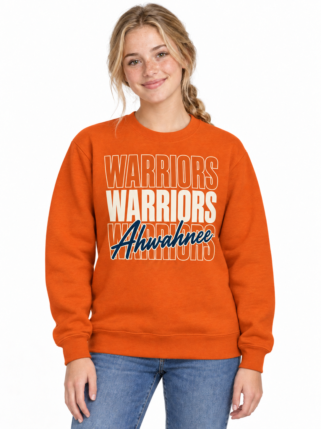 Ahwahnee Stacked Warriors Unisex Crewneck Sweatshirt - Orange